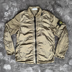 Stone Island khaki overshirt with logo patch and nylon metal cotton blend material.