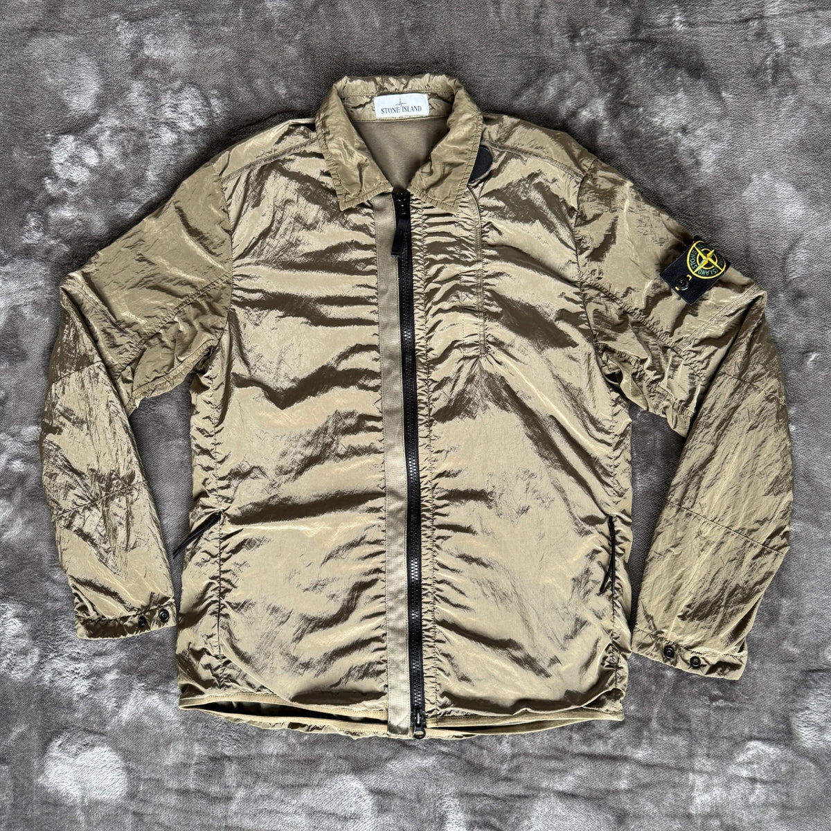 Stone Island khaki overshirt with logo patch and nylon metal cotton blend material.
