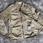 Stone Island khaki overshirt with logo patch and nylon metal cotton blend material.