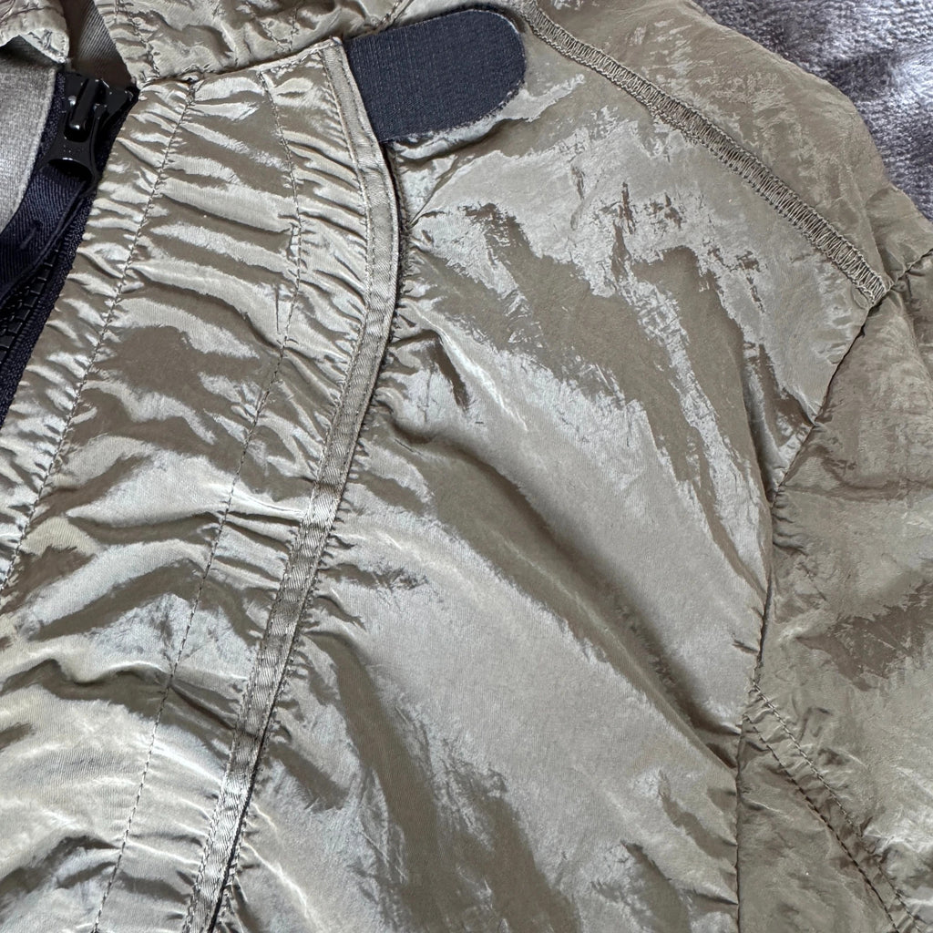 Stone Island khaki overshirt with logo patch and nylon metal cotton blend material.