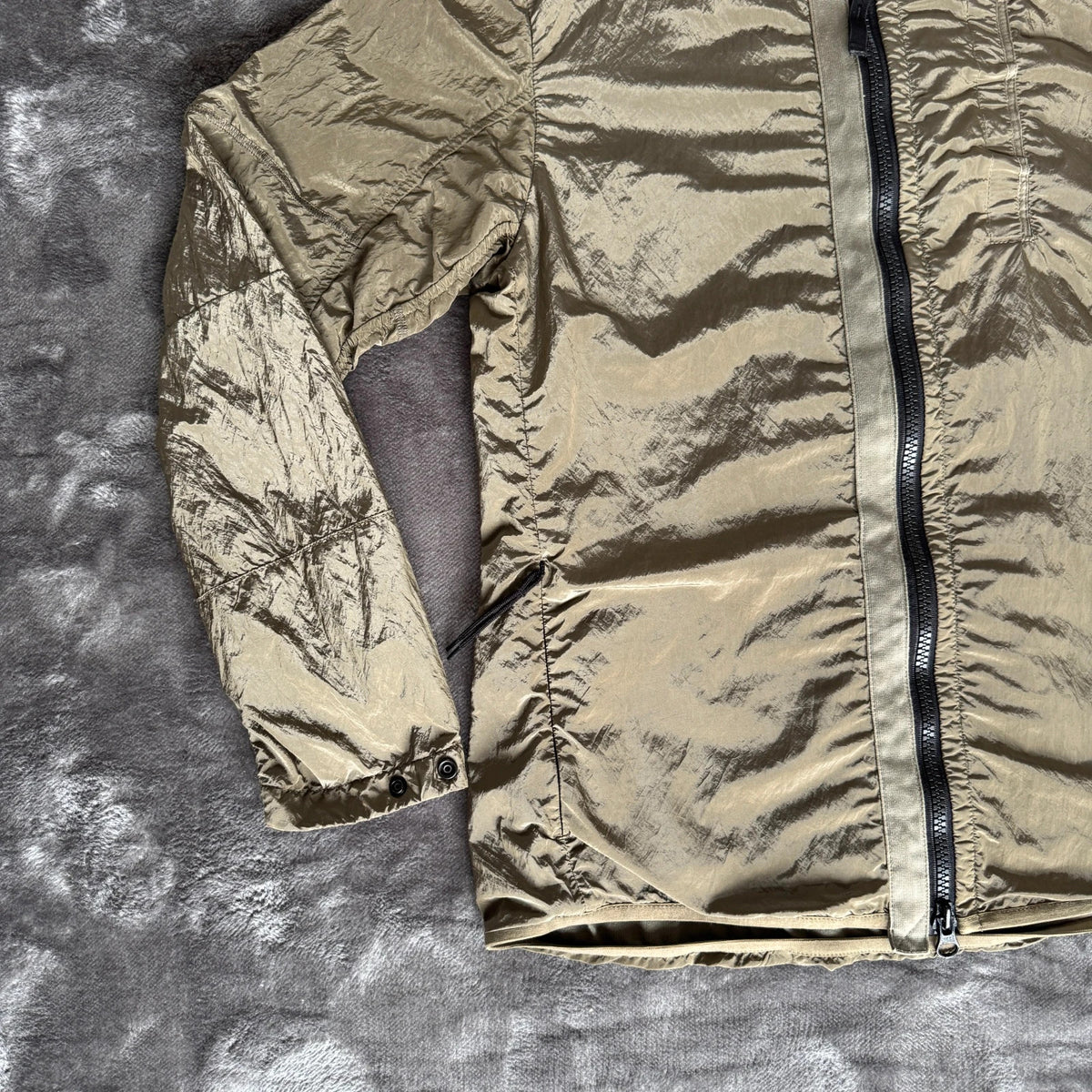 Stone Island khaki overshirt with logo patch and nylon metal cotton blend material.