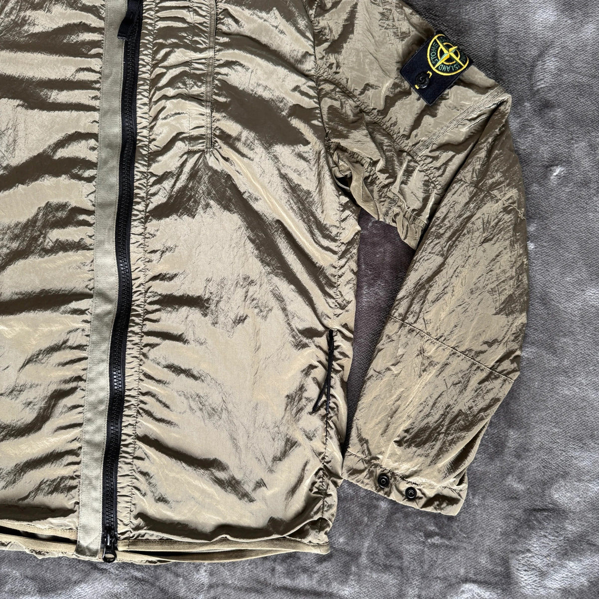 Stone Island khaki overshirt with logo patch and nylon metal cotton blend material.