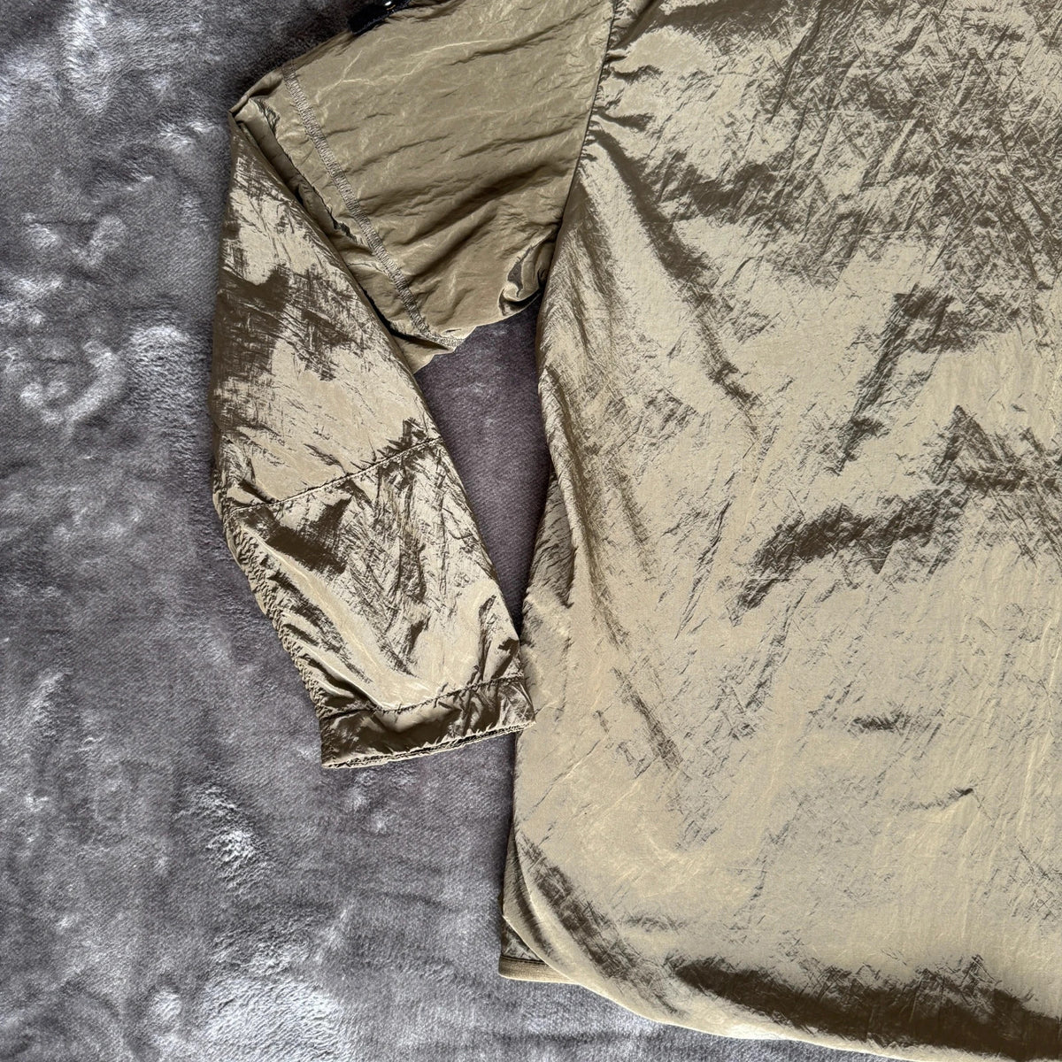 Stone Island khaki overshirt with logo patch and nylon metal cotton blend material.