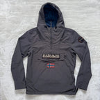 Napapijri grey pullover jacket with logo patch and ventilation zips, lightweight anorak design.