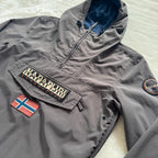 Napapijri grey pullover jacket with logo patch and ventilation zips, lightweight anorak design.