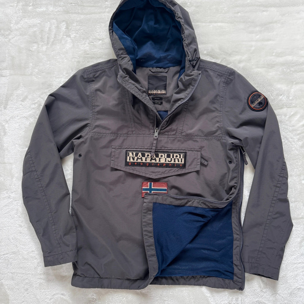 Napapijri grey pullover jacket with logo patch and ventilation zips, lightweight anorak design.