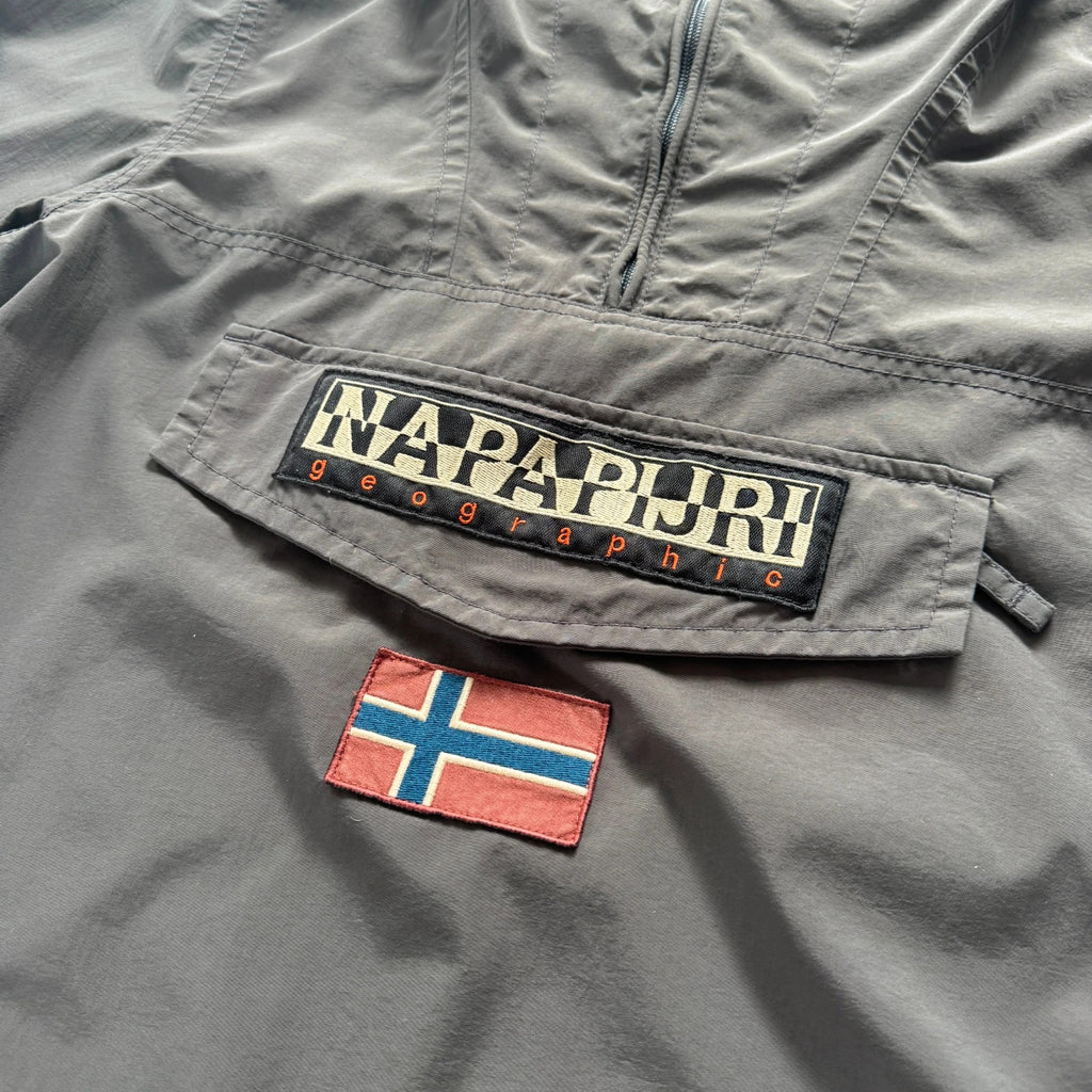 Napapijri grey pullover jacket with logo patch and ventilation zips, lightweight anorak design.