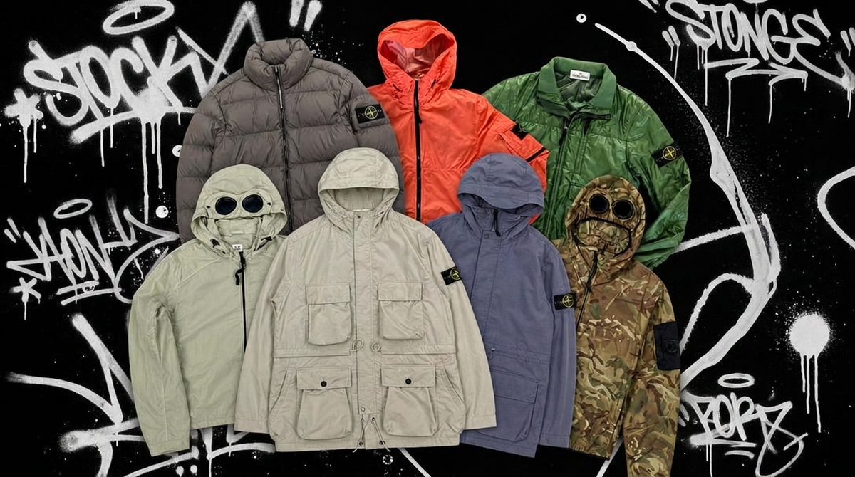 A group of seven different luxury Stone Island and CP Company jackets and hoodies, displayed in a row against a black background with white graffiti-style graphics. The collection includes gray, orange, green, light beige, blue, camouflage, and military-style jackets.