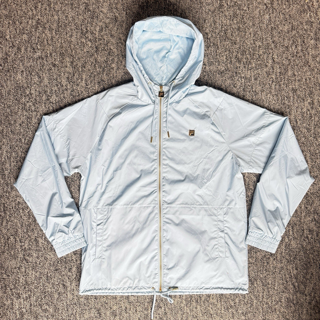 Fila lightweight hooded jacket light sky blue embroidered chest logo gold-tone zip hardware