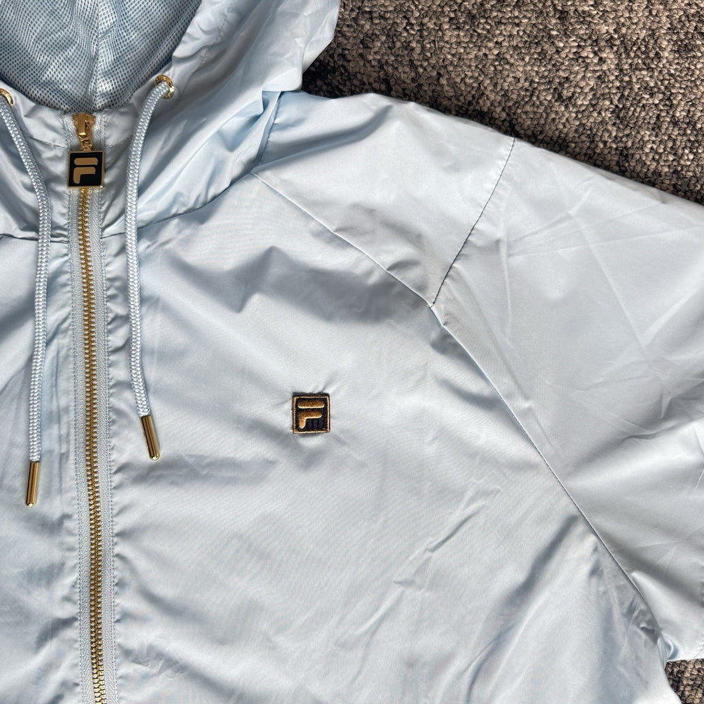 Fila lightweight hooded jacket light sky blue embroidered chest logo gold-tone zip hardware