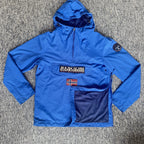 Napapijri blue anorak jacket with logo chest flap and quarter-zip front closure.